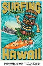 Hawaii surfing vintage colorful poster with lettering man in tiki mask riding ocean wave and showing shaka gesture vector illustration