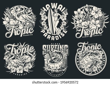 Hawaii surfing vintage monochrome badges with inscriptions pineapples flamingos exotic flowers and leaves attractive woman surfer man riding wave in coconut with straw isolated vector illustration