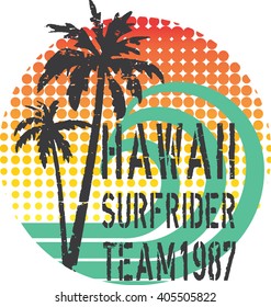 ''Hawaii Surfrider Team'' artwork for t-shirt, poster...Grunge and halftone textures.