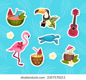 Hawaii Symbols with Flamingo, Toucan, Guitar and Cocktail Vector Sticker Set