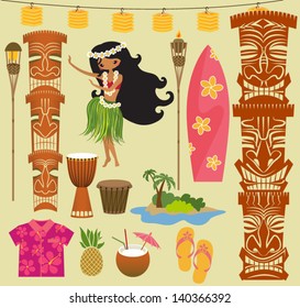 Hawaii Symbols and Icons, including Hula dancer, tiki gods, totem pole, drums, tiki torches and Hawaiian shirt