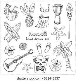 Hawaii Symbols and Icons, including Hula skirt, tiki gods, totem pole, drums, guitar and palm Vector illustration