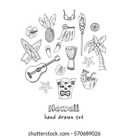 Hawaii Symbols and Icons, including Hula skirt, totem pole, drums, guitar and palm Vector illustration