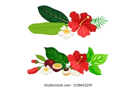 Hawaii symbols set. Beautiful hibiscus flowers and exotic fruit cartoon vector illustration