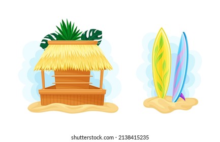 Hawaii symbols set. Tiki bar and surfboards cartoon vector illustration