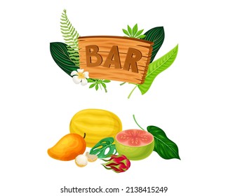 Hawaii symbols set. Tiki bar wooden signboard and exotic tropical fruit cartoon vector illustration