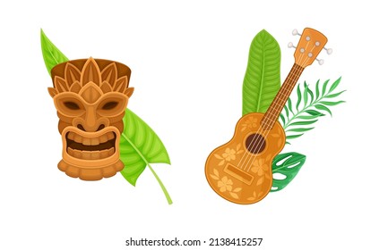 Hawaii symbols set. Tiki mask and guitar cartoon vector illustration