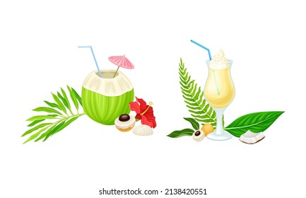 Hawaii symbols set. Tropical cocktails cartoon vector illustration