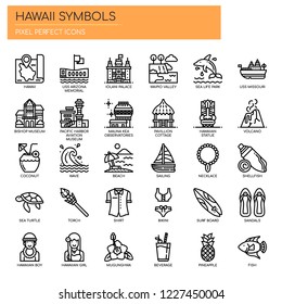 Hawaii Symbols , Thin Line and Pixel Perfect Icons