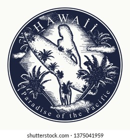 Hawaii. Tattoo and t-shirt design. Welcome to state of Hawaii, (USA). Paradise of the Pacific slogan. Travel art concept  