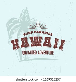 Hawaii tee print with palm tree. T-shirt design graphics stamp label typography. Vector illustration.