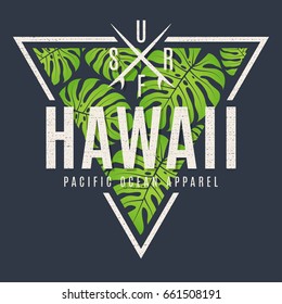 Hawaii Tee Print With With Tropical Leaves. T-shirt Design Graphics Stamp Label Typography.Vector Illustration.