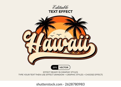 Hawaii Text Effect Retro Style. Editable Text Effect Vector. Sun, Palm Tree With Birds Silhouette. T Shirt Print Logotype Design.