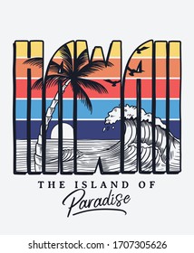 Hawaii text with waves, a palm tree and sun. Vector illustrations for t-shirt prints and other uses.