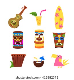 Hawaii Themed Collection Of Flat Isolated Vector Icons In Bright Colors On White Background