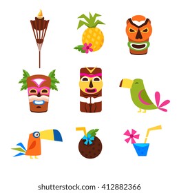 Hawaii Themed Set Of Flat Isolated Vector Icons In Bright Colors On White Background