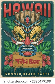 Hawaii tiki bar colorful sticker with ritual mask for invitation to attend summer beach party with alcohol booze vector illustration