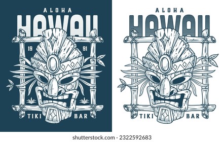 Hawaii tiki bar monochrome poster wooden tribal mask and angry grimace for advertising posters and shop window decoration vector illustration