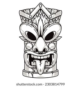 Hawaii tiki mask label monochrome with head of polynesian god with tongue hanging out to frighten evil spirits vector illustration