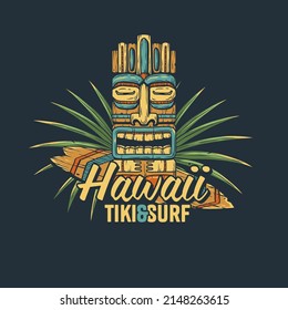 Hawaii tiki mask with surf and tropical leavs for tropic beach. Exotic mask and surfboard for summer surfing prints or tiki bar