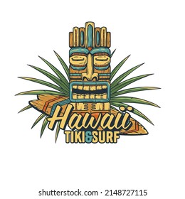 Hawaii tiki mask with surf and tropical leavs for tropic beach. Exotic mask and surfboard for summer surfing prints or tiki bar