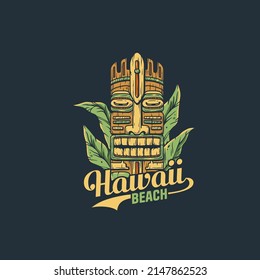 Hawaii tiki mask with tropical leavs for tropic beach. Exotic mask for summer surfing prints or tiki bar