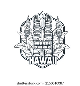 Hawaii tiki mask with tropical leavs and torch for tropic beach. Exotic mask for summer surfing prints or tiki bar