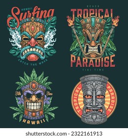 Hawaii tiki set stickers colorful with wooden masks and stone statues in form of faces of tropical deities vector illustration