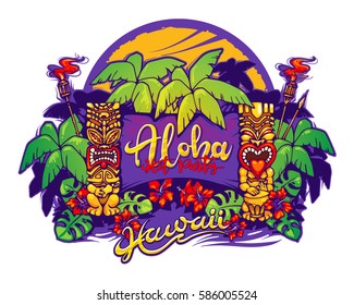 Hawaii. Tiki statues, palm trees and a banner