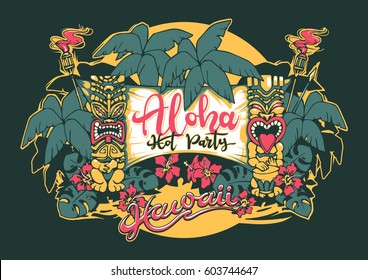 Hawaii. Tiki Statues, Palm Trees And A Banner