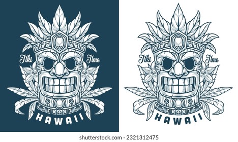 Hawaii tiki time flyer monochrome with traditional mask and palm leaves for travel and tourism magazine decor vector illustration