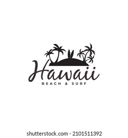 hawaii tourism beach  with coconut trees and surfboard logo vector icon illustration design
