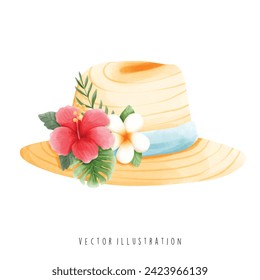 Hawaii Travel Collection, Watercolor of Beach Hat, Vector Illustration