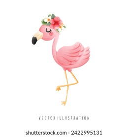Hawaii Travel Collection, Watercolor of Flamingo, Vector Illustration