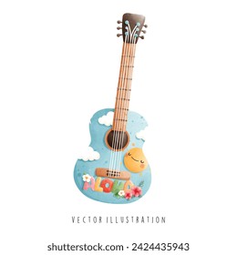 Hawaii Travel Collection, Watercolor of guitar, Vector Illustration