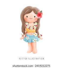 Hawaii Travel Collection, Watercolor of Hawaiian Girl, Vector Illustration