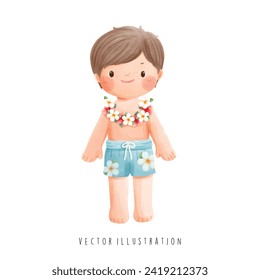 Hawaii Travel Collection, Watercolor of Hawaiian Boy, Vector Illustration