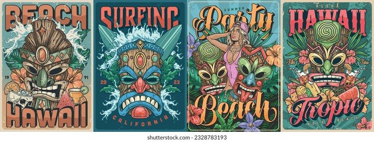 Hawaii travel colorful set poster with tiki totems with surfboards or hot girl for package promo tour vector illustration