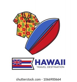 Hawaii travel destination promotional poster with flower shirt and surfboard
