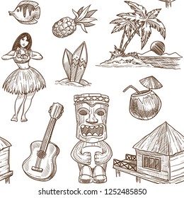 Hawaii Reiseskizze Muster Hintergrund. Vektor nahtloses tropisches exotisches Design Hawaiianischer Symbole Honolulu Aloha Tänzer mit Gitarre, Kokosnuss und Stammenmaske oder Hütte am Palmenstrand