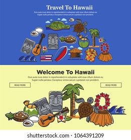 Hawaii travel web banners of Hawaiian sightseeings and famous culture landmarks