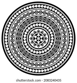 Hawaii tribal tattoo mandala vector pattern, Poylnesian folk art round design in black and white. Retro patterns in circle, monochrome boho decoration perfect for print or poster

