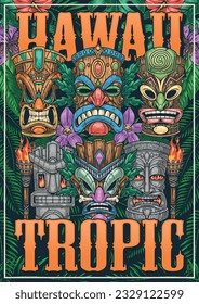 Hawaii tropic weekend poster colorful tiki mascots to ward off evil spirits and attract travelers to resort island vector illustration