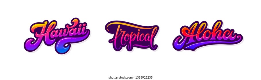 Hawaii, tropisch, Aloha Worte. Retro-Etiketten einzeln auf weißem Hintergrund. Reihe hawaiianischer Texte und Logos. Tropische Schilder mit Retro-Rosa und violettem Farbverlauf-Effekt. Designelemente. Vektorgrafik der 80er