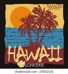 Hawaii tropical beach summer art design, Palm trees, Ocean and Sun, Typography Graphics. Summertime fun, Paradise, Silhouette. Creative T-shirt Design, vector illustration