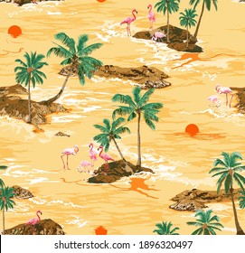 Hawaii Tropical Flamingo Island Vektorgrafik Nahtlose Muster auf gelbem Hintergrund, Palm Island mit Flamingo Animal