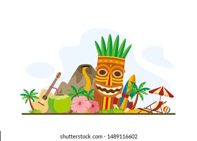 Hawaii Tropical Island Landmarks Travel Flat Concept Vector Illustration, Suitable for Background, Banner, Wallpaper, Advertising Illustration