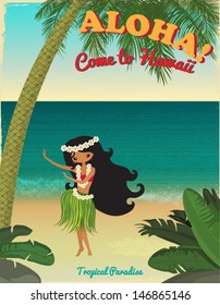 Hawaii, Tropical Paradise Poster, with hula dancer, tropical plants, palm tree and sandy beach