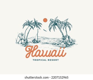 Hawaii tropical resort view badge or logo template. Hand drawn beach with palm trees and sail boat sketch with typography. Premium nature sea landscape emblem. Isolated