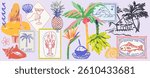 Hawaii or tropical style sea vacation hand drawn vector illustrations in mixed media collage style with doodle sketch stamp elements. Banana, palm tree vacation in marker style. Oil digital drawings.